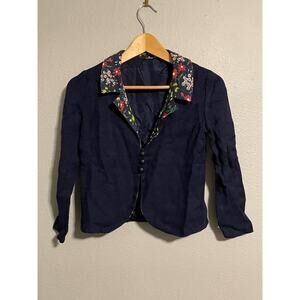 Vintage Handmade Womens Blazer XS Blue Tweed Floral Collar Crop Cottagecore 70s